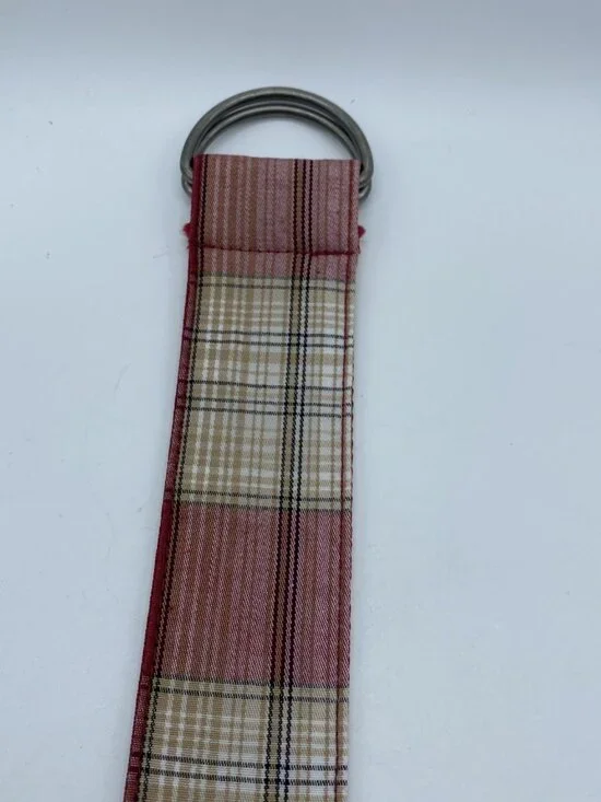 Men’s D-Ring Belt Size L Red Tan Beige Plaid Canvas 42” Casual Preppy Golf - Picture 4 of 11